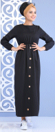 Robe longue cintree decoration boutons pour femme - Couleur noire