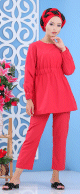 Ensemble tunique cintree et pantalon - Couleur rouge coquelicot (Vetement assorti pour femme chic)
