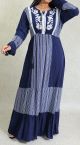 Robe coton manche maxi-longue a rayure et broderie florale pour femme - Couleur Bleu marine