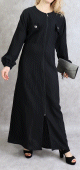 Robe noire maxi-longue a zip et bandes argentees - Robe moderne et casual pour femme