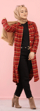 Chemise longue a carreaux rouge, noir et camel (Mode islamique Automne-Hiver)