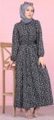 Robe longue boutonnee ample imprimee Nenuphar (Boutique Hijab pour femme voilee) - Couleur sur fond noir fleur grise