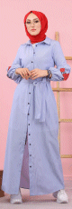 Robe chemise longue imprimee a rayures et ceinture assortie (Vetement femme voilee) - Couleur bleu et blanc