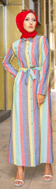 Robe entierement boutonnee devant avec ceinture assortie (Vetement d'ete femme voilee) - Rayures Rouge-Bleu-Gris-Jaune-Vert