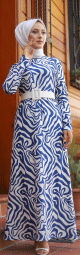 Robe longue avec imprime effet vague (Hijab Street Turque) - Couleur Bleu et Blanc