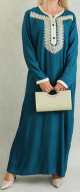 Robe orientale maghrebine longue brodee et perlee pour femme - Couleur bleu Prusse