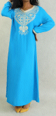 Robe orientale longue a strass et broderies en coton pour femme - Couleur Bleu