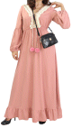 Robe brodee maxi-longue avec pompons et manche bouffantes pour femme - Couleur rose poudre