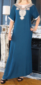 Robe longue tunisienne manche courte brodee et perlee avec strass tissu fluide coton pour femme - Couleur Bleu petrole