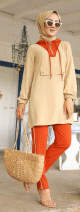 Ensemble casual tunique a capuche et pantalon (Modest Fashion) - Couleur beige et brique