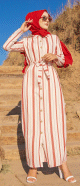 Robe chemise tres longue a rayures (Vetement decontracte pour femme musulmane) - Couleur creme et rouge