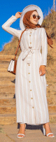 Robe chemise longue a rayures (Vetement hijab turque) - Couleur beige et blanc