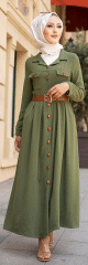 Robe longue casual boutonnee avec sa ceinture (Vetement chic pour femme voilee) - Couleur kaki