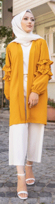 Gilet Veste long col chale manches a froufrou pour femme (Look Hijabista et Modest Fashion) - Couleur moutarde