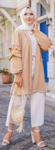 Gilet Veste long col chale manches a froufrou (Modest Fashion France) - Couleur beige