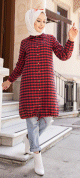 Chemise longue pour femme (Mode islamique) - Tunique a carreaux rouge et bleu marine