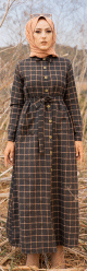 Robe chemise longue boutonnee a carreaux - Saison Automne-Hiver (Modest Fashion) - Couleur anthracite et tabac