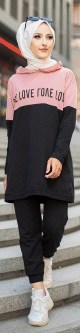 Ensemble Survetement bi-couleur a capuche pour femme musulmane inscription "Love" - Couleur noir et rose poudre