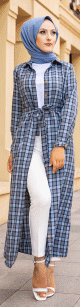 Robe-Chemise boutonnee ecossaise longue avec ceinture assortie pour femme (Vetement Modest Fashion) - Couleur bleu clair
