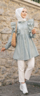 Tunique-chemise a volants ample pour femme (Vetement pour Hijab - Nouvelle collection 2024) - Couleur des rayures vert fonce et blanc