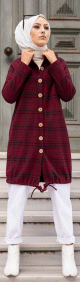 Sur-chemise Tunique a carreaux pour femme (Vetement Hijab - Saison Automne Hiver) - Couleur Bordeaux