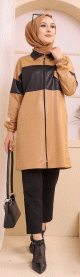 Veste zippee en skai simili-cuir pour femme (Vetement Hijab Hiver) - Couleur beige