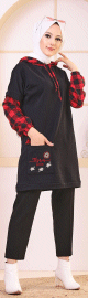 Tunique bicolore brodee avec capuche pour femme (Vetement Hijab moderne - Nouveau Style) - Couleur noir et rouge