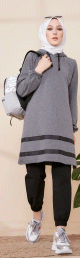 Tunique a capuche et bandes noires pour femme (Mode islamique) - Couleur gris chine