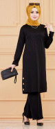 Ensemble tunique boutonnee et pantalon assorti (Style femme hijab) - Couleur noir