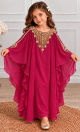 Robe de Cérémonie Fille en Mousseline Brodées Dorées & Manches Papillon- Modèle Princesse - Fuchsia Robe de Cérémonie Fille en Mousseline Brodées Dorées & Manches Papillon- Modèle Princesse - Fuchsia